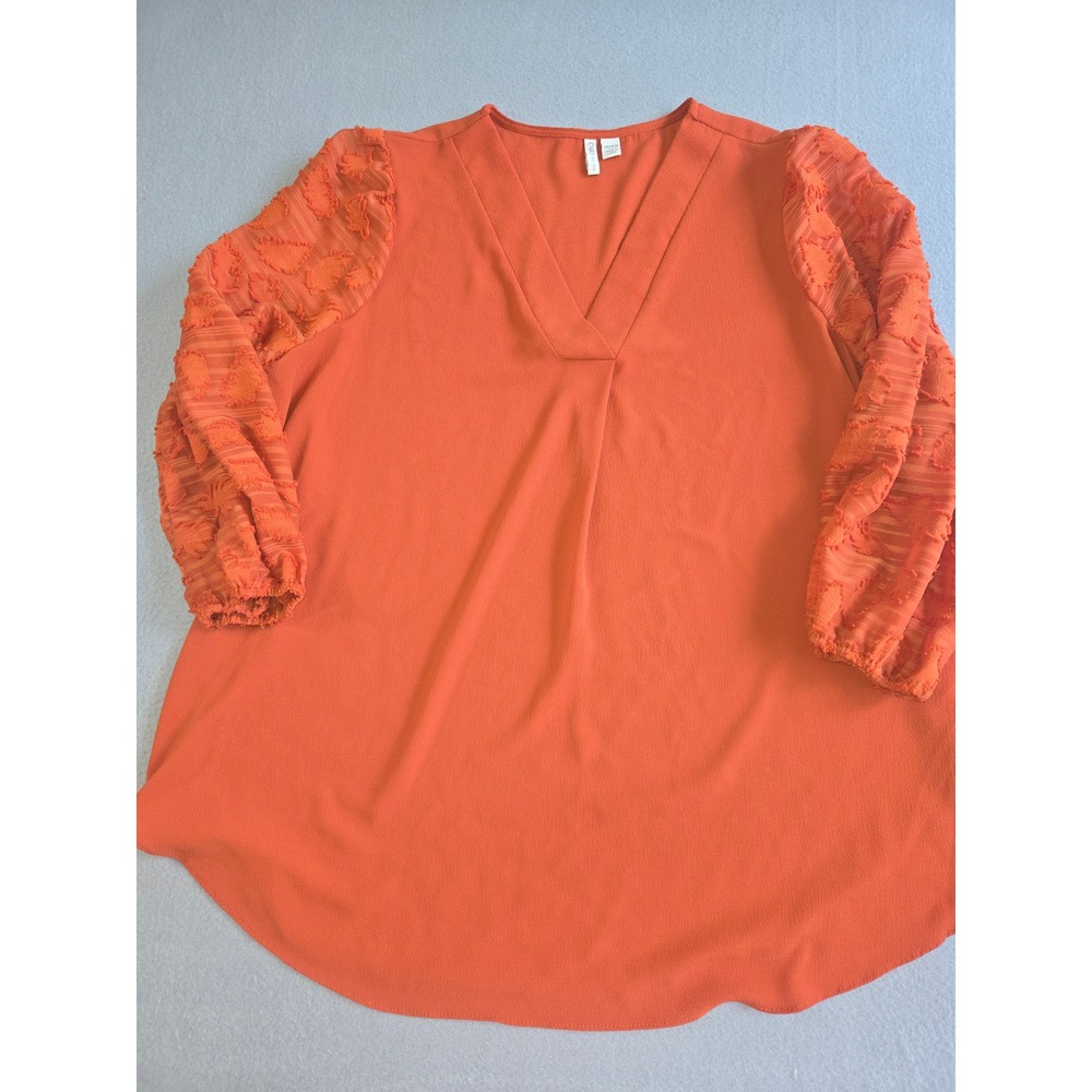 Cato Blouse Womens 14/16W Orange Textured Balloon Sleeve V-Neck High-Low‎ Hem